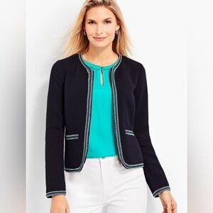 Talbots Navy Blue Zip-Front Braided Trim Tweed Blazer Jacket Women’s Size 6